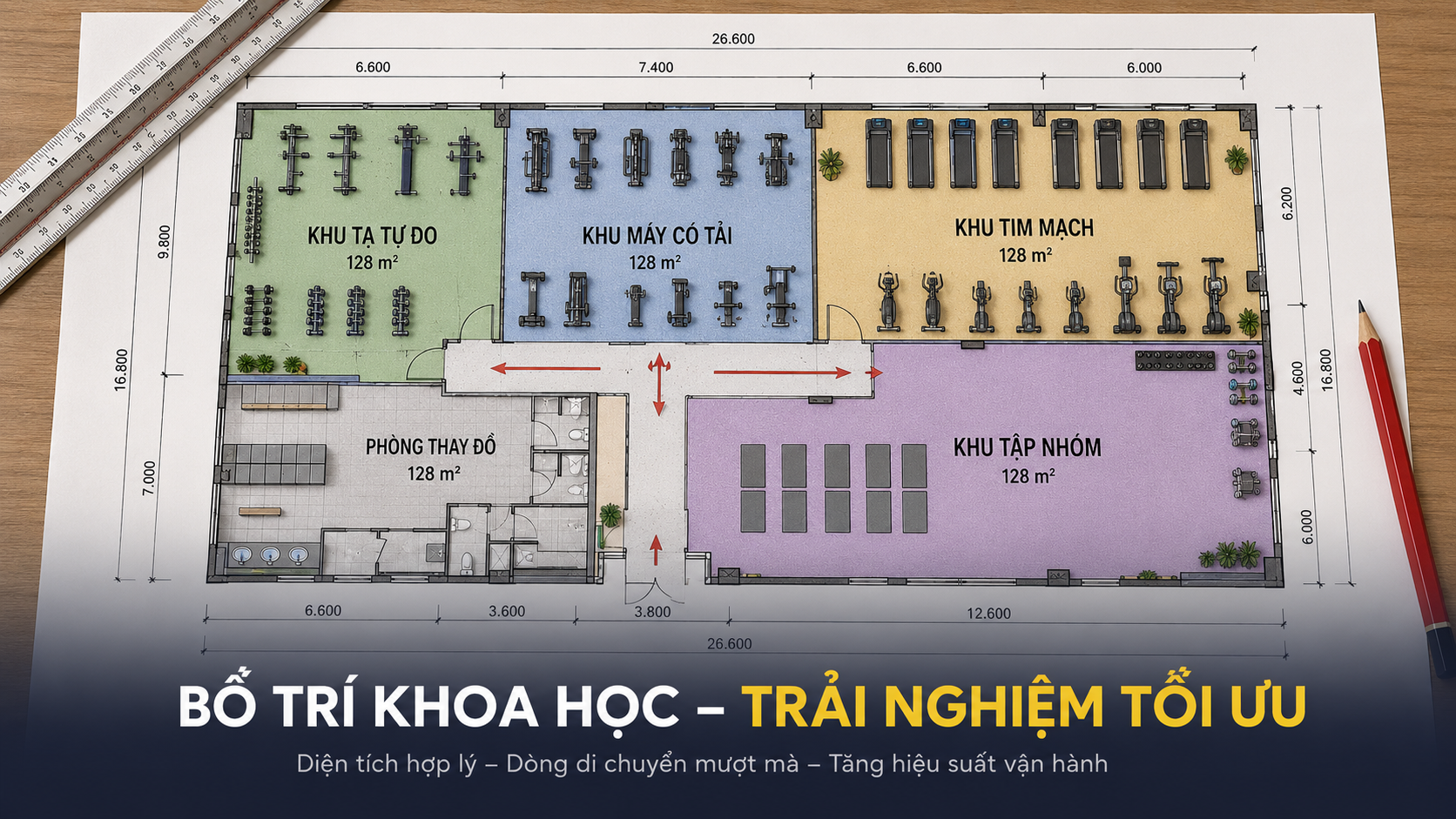 Sơ đồ bố trí các khu chức năng trong phòng tập thể hình
